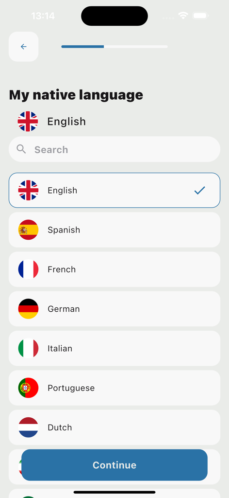 Flipchat - Chat Translator - Flipchat app screen for choosing a native language from a list including English Spanish French and others