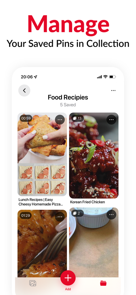 PinGrab: Save & Organize - Interfaccia dell'app PinGrab che mostra una collezione di ricette di cibo con pin salvati