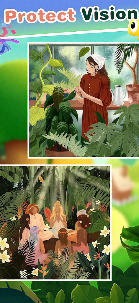 Capturas de pantalla de la app de páginas para colorear de naturaleza con una mujer en un invernadero y un grupo en un bosque.