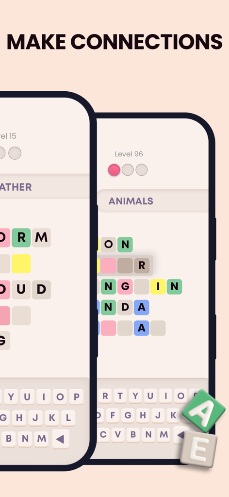 Word Wise game screenshot showing word association puzzles for categories like animals and weather.
