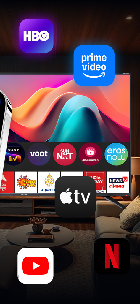 Smart TV screen displaying various streaming service icons like Netflix and Prime Video