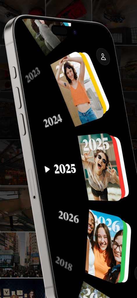 iPhone screen displaying the FlipYear app interface with interactive 3D photo books organized by year