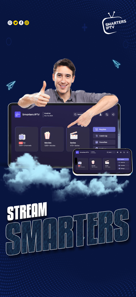 Smarters IPTV Player - Smarters IPTV Player App-Oberfläche auf Tablet und Smartphone mit den Kategorien Live-TV, Filme und Serien