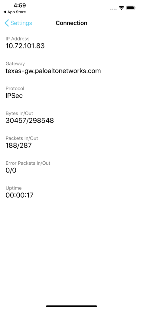 GlobalProtect app interface displaying active VPN connection status with IP address and gateway information