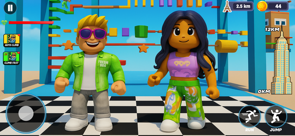 Two cartoon characters standing in front of a colorful parkour obstacle course in the game Crazy Jump Tower Obby