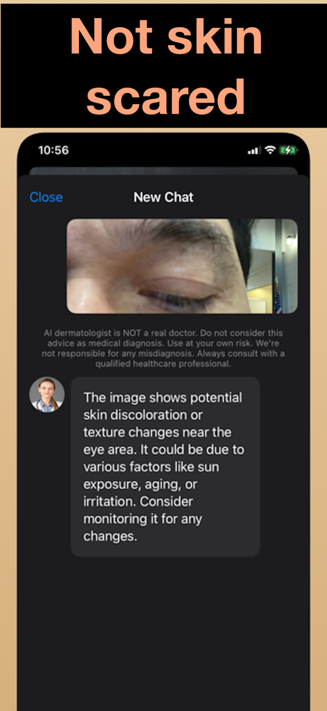 Skin Care Scanner: SkinCare - A mobile app interface showing an AI-powered skin analysis report for a photo of a user's eye area.