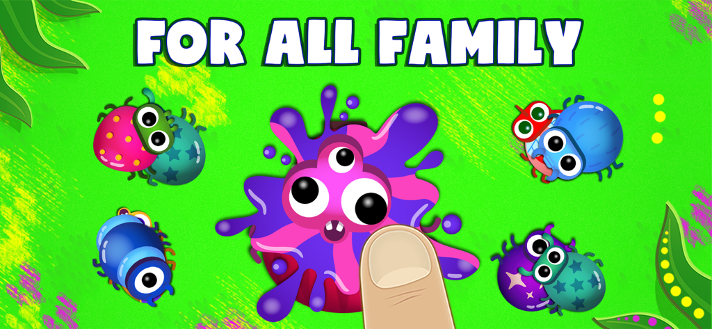 Um dedo esmagando um inseto colorido de desenho animado no jogo mobile Smasher Mix