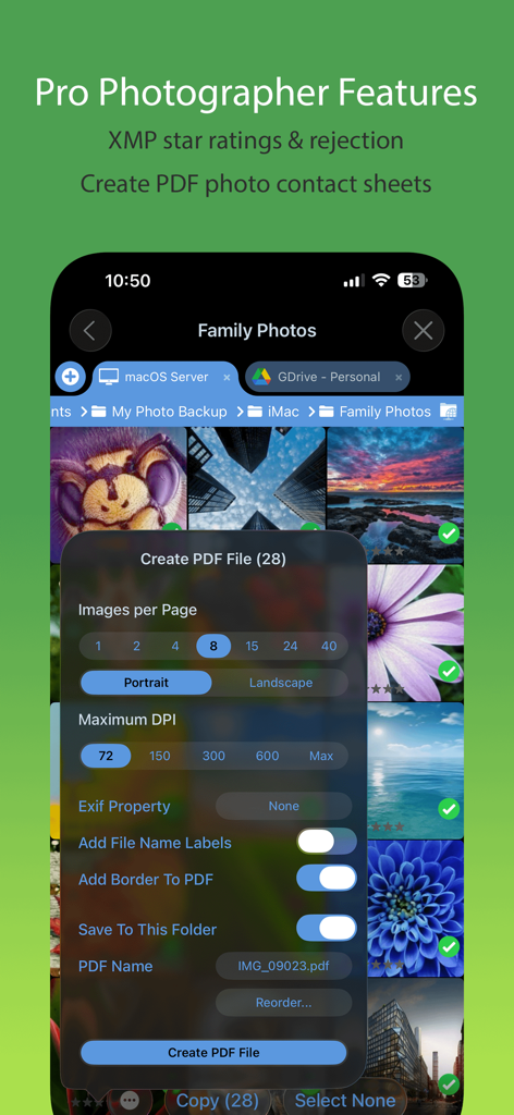 FileBrowser Professional app interface showing photo contact sheet creation and XMP rating features