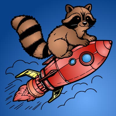 realistic raccoon flying on top rocket ship
