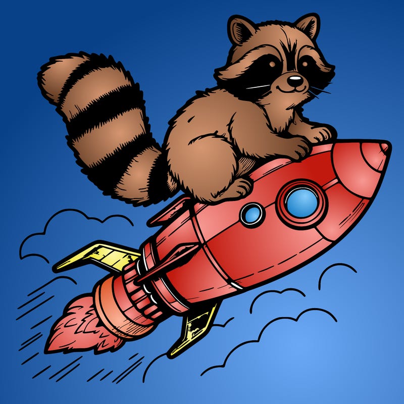 realistic raccoon flying on top rocket ship