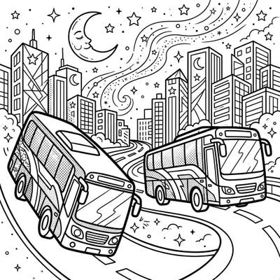 Embark on a creative journey with this dynamic Pop Art coloring page featuring city buses under a magical night sky. Its bold outlines and halftone details invite you to bring a vibrant urban dreamscape to life with your favorite colors.