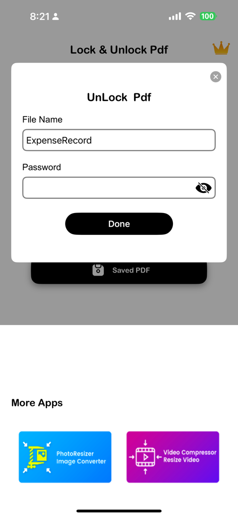 Lock Pdf & Unlock PDF Offline - Interfaccia dell'app mobile per inserire una password per sbloccare un documento PDF intitolato ExpenseRecord.