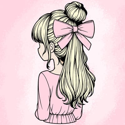 realistic girl  with hip length hair a bun and a big bow on the back of head