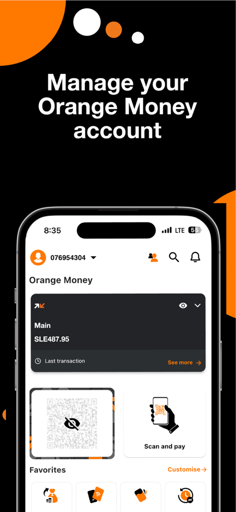 Orange Max it - Sierra Leone - Orange Money account management screen showing balance and scan and pay options