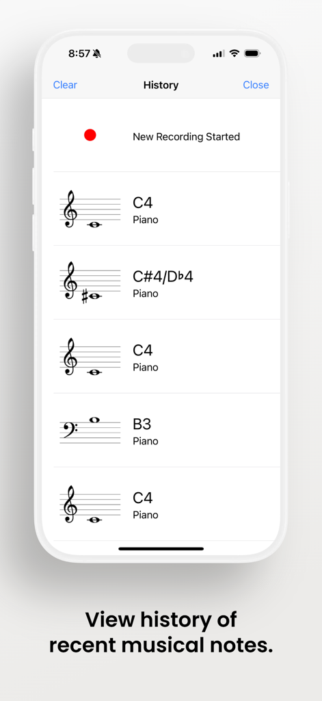 Find the Note - History screen of the Find the Note app showing detected musical notes on a staff.