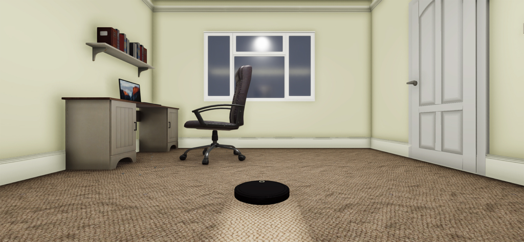 Robot Room Cleaner - A black robot vacuum cleaner cleaning a carpeted home office