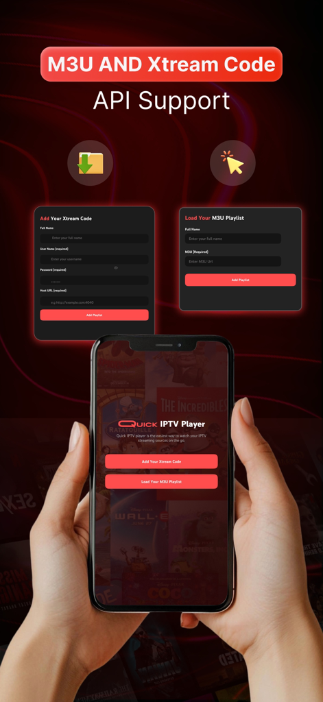 Einrichtungsbildschirm der IPTV Live Player App, der M3U- und Xtream-Code-API-Konfiguration auf einem Smartphone zeigt