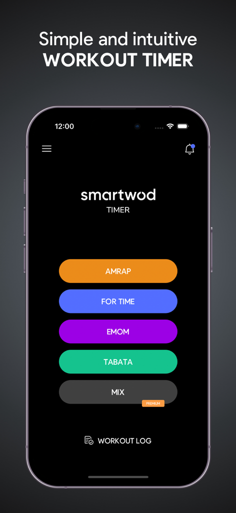 SmartWOD Timer main screen showing workout options AMRAP EMOM and Tabata