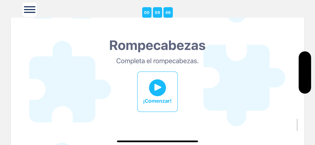 Nimbus GED - Nimbus GED app interface showing a start screen for a puzzle game with the Spanish title Rompecabezas