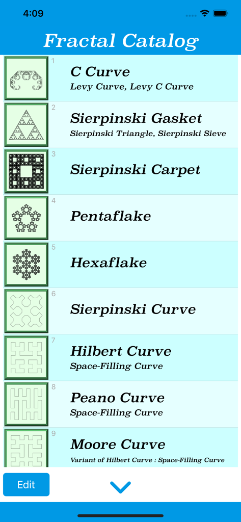 Fractal Catalog - Una lista de varios fractales geométricos en la aplicación Catálogo Fractal, incluyendo el Empaquetado de Sierpinski y la Curva de Hilbert.