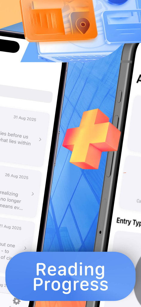 Telas de smartphone mostrando a interface do aplicativo Superquote Diary Book com entradas de diário e um banner de progresso de leitura.