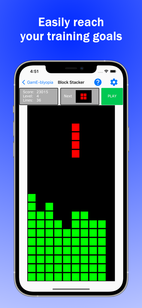 GamE-blyopia - Amblyopia Games - A screenshot of the GamE-blyopia app featuring a Block Stacker game designed for lazy eye vision therapy.