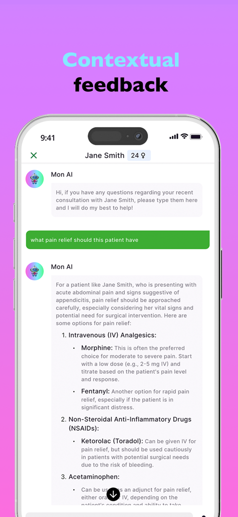 Mon AI - Interfaz de chat de la aplicación Mon AI que muestra soporte de decisiones clínicas y consejos sobre alivio del dolor para un paciente.