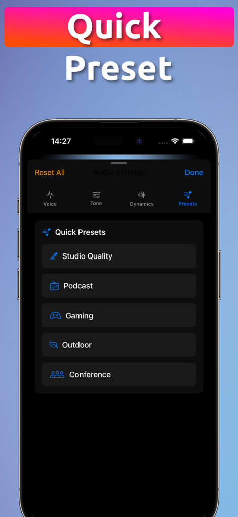 Microphone app Bluetooth Live - Interface of MicBT app displaying quick audio presets for different environments like studio and gaming