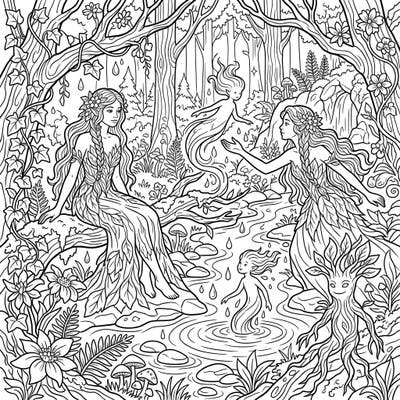 Journey into a spellbinding woodland realm with this captivating coloring page featuring elegant nymphs and playful nature spirits. This intricate design invites you to bring a world of fantasy and natural beauty to life with your favorite colors.