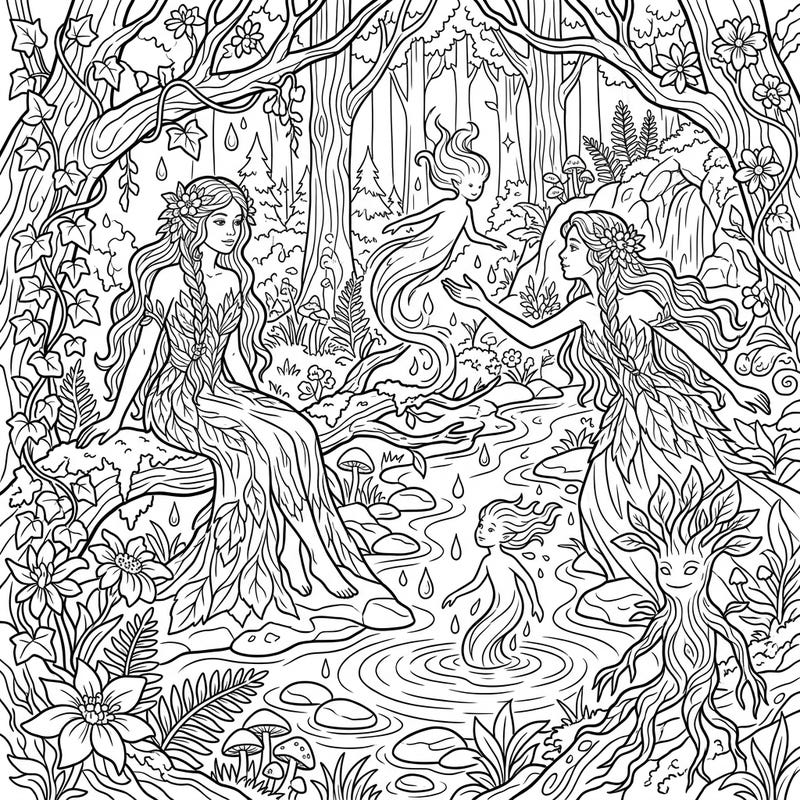 Journey into a spellbinding woodland realm with this captivating coloring page featuring elegant nymphs and playful nature spirits. This intricate design invites you to bring a world of fantasy and natural beauty to life with your favorite colors.