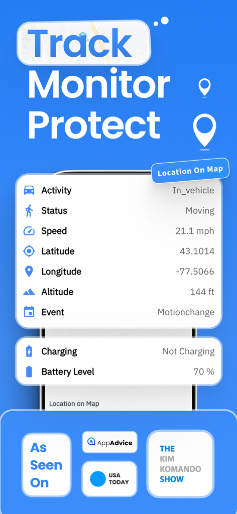 Spy Phone app interface showing real-time GPS location data, vehicle speed, and battery level tracking