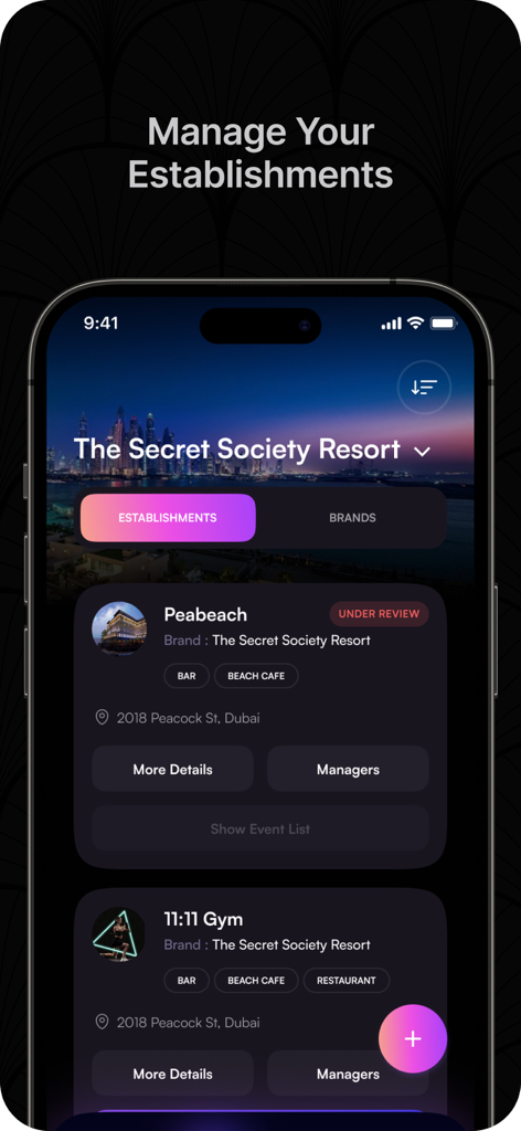 The Secret Society - Mobile dashboard of The Secret Society app showing establishment management with listings for a beach club and a gym
