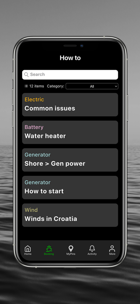 Mobile screen of The Charter App showing instructional guides for boat systems and sailing information