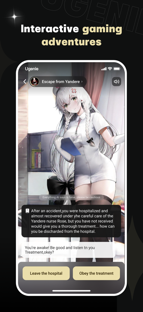 UGenie: AI Chat & Dungeon - A screenshot of UGenie app showing an interactive AI RPG adventure with an anime nurse character and choice buttons.