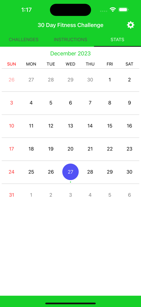30 Day Fit Challenge Workout - Workout progress calendar view in the 30 Day Fitness Challenge app