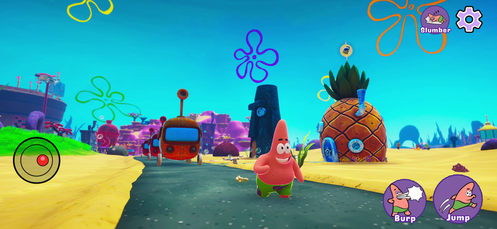 Patrick Star running past Spongebob and Squidward houses in Bikini Bottom