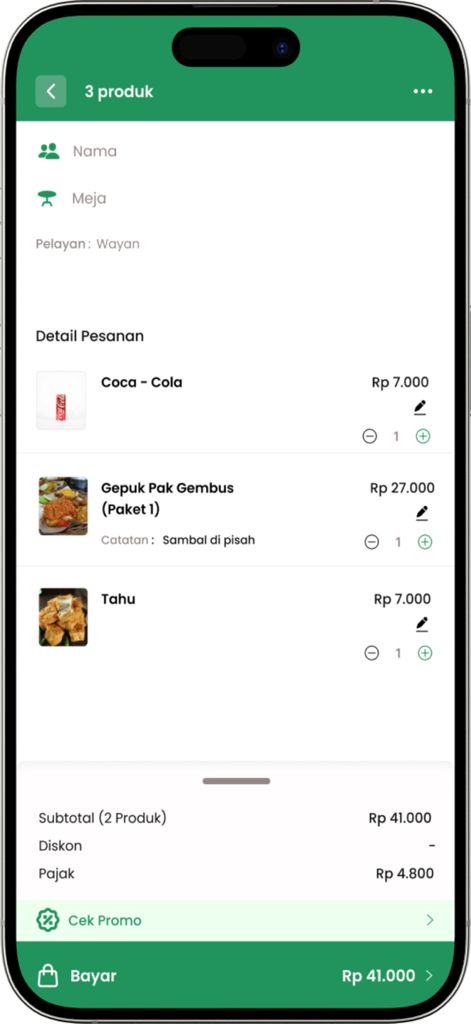 MKASIR - APLIKASI KASIR - MKASIR 모바일 POS 앱에는 음식 항목과 가격이 포함된 주문 세부 정보가 표시됩니다.
