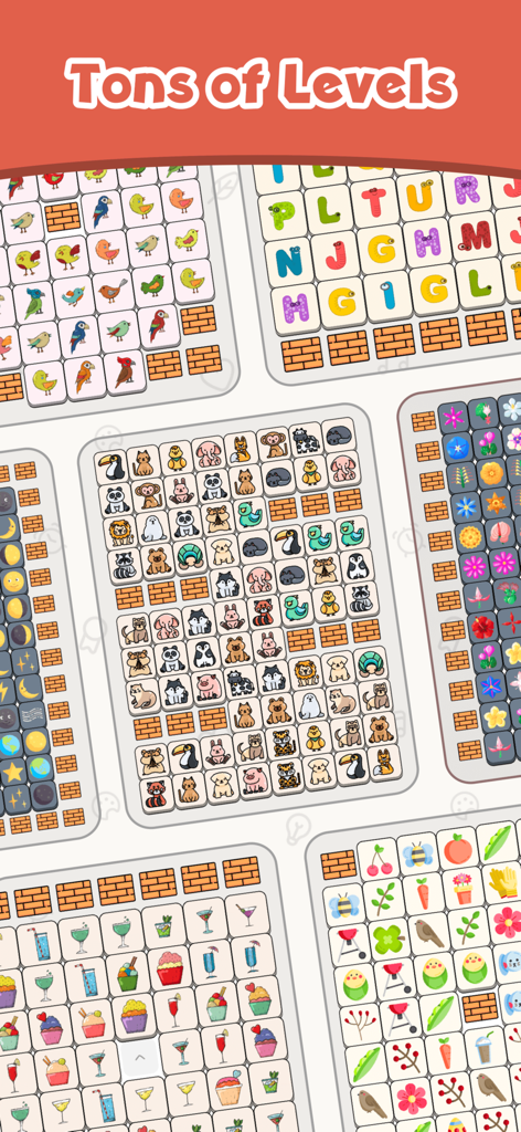 Zen Match Majong Tile Explorer - A collection of various mahjong tile boards showing different themes like animals, nature, and fruits