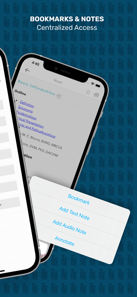A smartphone interface showing the Bookmarks and Notes features in the Veterinary Advisor app