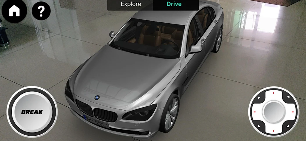 Auto Lab - Augmented-Reality-Ansicht eines silbernen Autos in einem Showroom mit Bedienelementen für die Fahrt