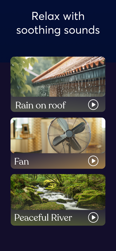 BetterSleep app menu showing relaxing sound options like rain on roof, a fan, and a peaceful river