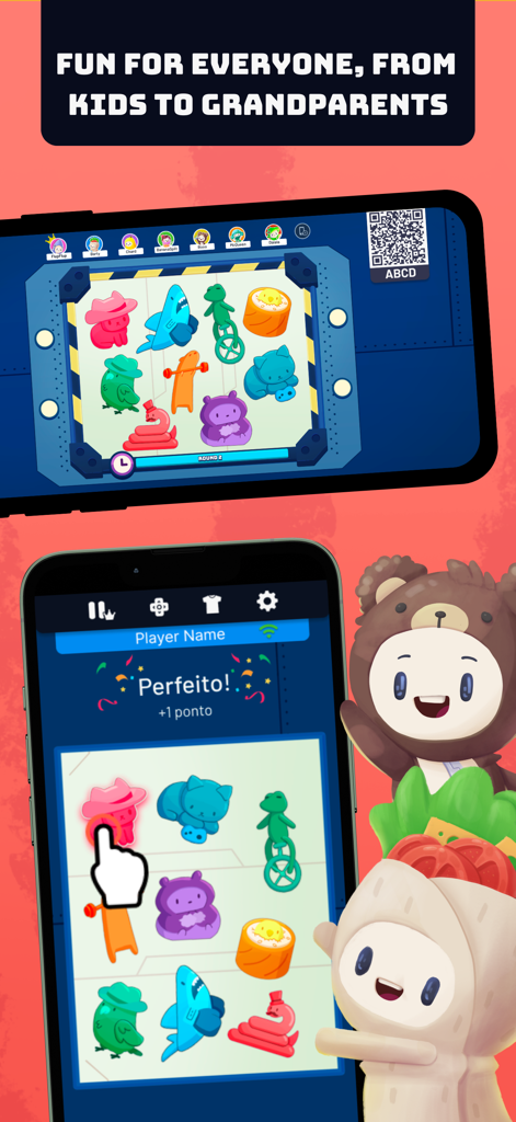 Play Friends: Party Games - Two smartphones displaying a colorful multiplayer mini game interface with cute cartoon characters