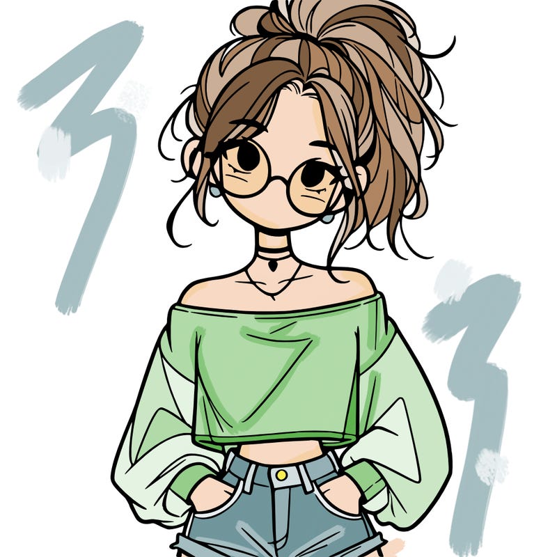 girl with a messy ponytail glasses a baggy crop top and jean shorts