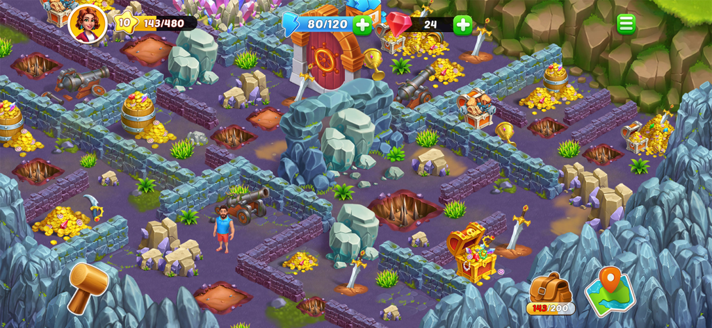 Character exploring a treasure room with gold and chests in Kong Island