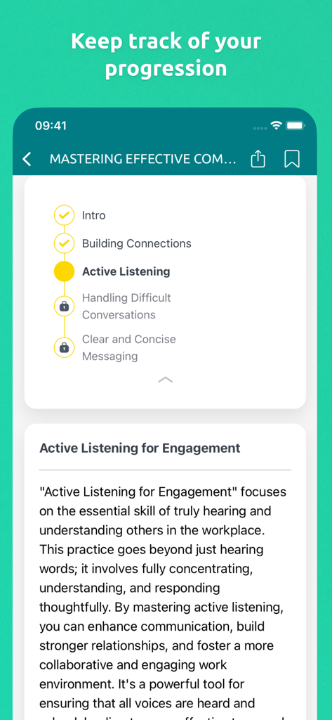 Motimate - A mobile interface of the Motimate app showing a training course checklist and active listening study content