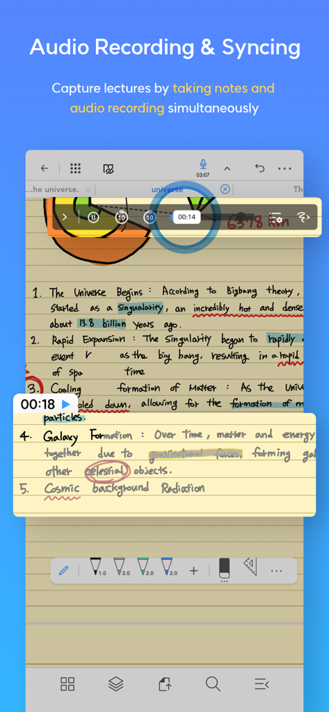 Flexcil Note & Good PDF Reader - Grabación de audio sincronizada con notas de clase escritas a mano en la aplicación Flexcil