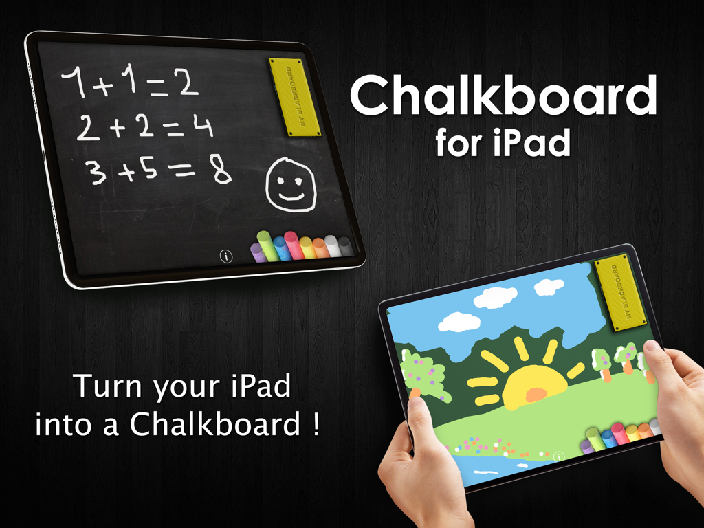 Chalkboard for iPad - An iPad app interface showing a digital chalkboard with hand-drawn math equations and a colorful landscape drawing
