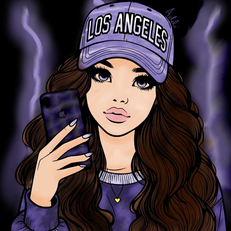 realistic beautiful girl wearing los ángeles cap holding an iphone