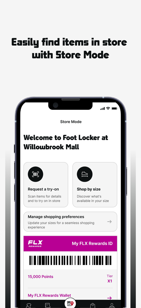 Foot Locker App-Bildschirm, der Store-Modus-Funktionen und den Barcode für FLX-Belohnungen für Mitglieder anzeigt.
