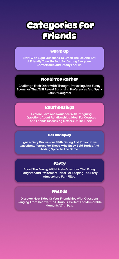 Icebreaker - couple game - Screenshot of Icebreaker app showing game categories for friends and couples including Warm Up, Would You Rather, and Hot and Spicy.